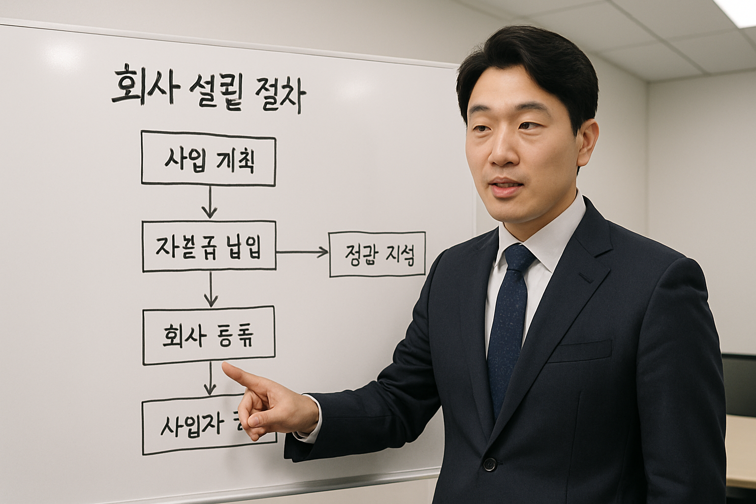 법인설립 절차 흐름도를 설명하는 모습